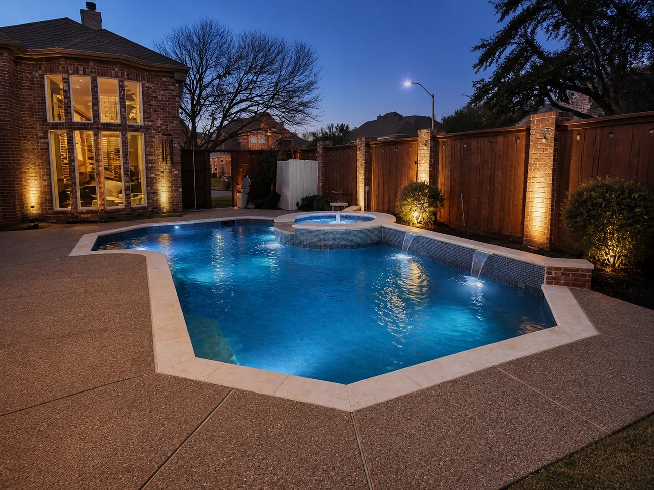 Raised spa with tile waterfall, backyard renovation