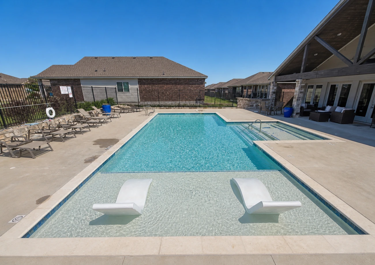 Community pool with sun shelf loungers