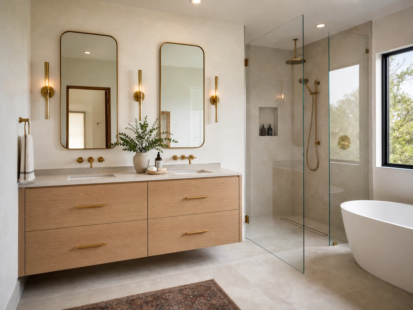 Curbless walk-in shower with frameless glass